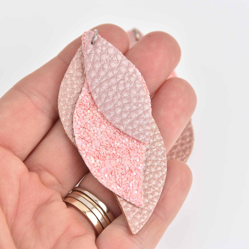 5 Faux Leather Teardrop Charms, Blush Pink and Glitter, Vegan Leather, 3" long chs7275