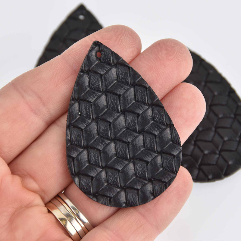 5 Black Faux Leather Teardrop Charms Pendant Vegan Leather, 2-1/4" long chs7277