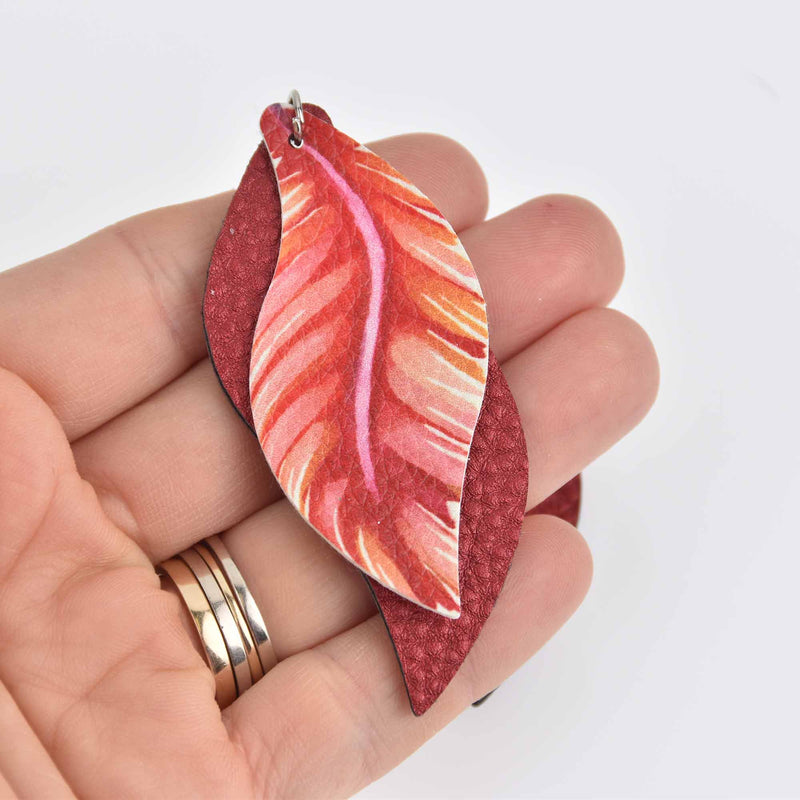 5 Faux Leather Teardrop Charms, Red, Vegan Leather, 3" long chs7281