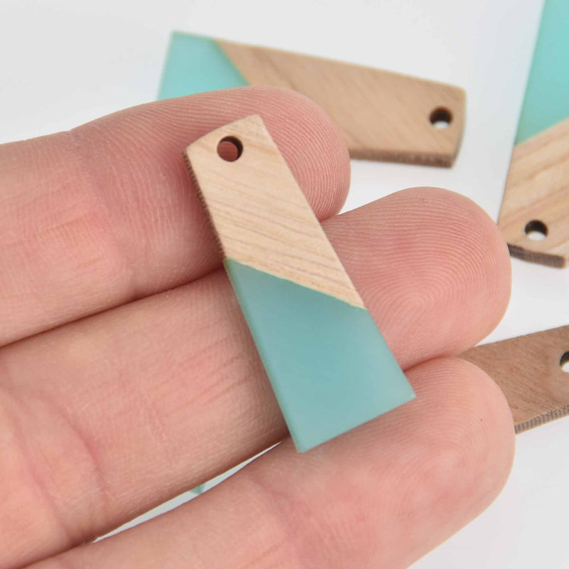 2 Colorblock Charms, Mint Green Resin and Real Wood Trapezoid, 30mm long, chs7287