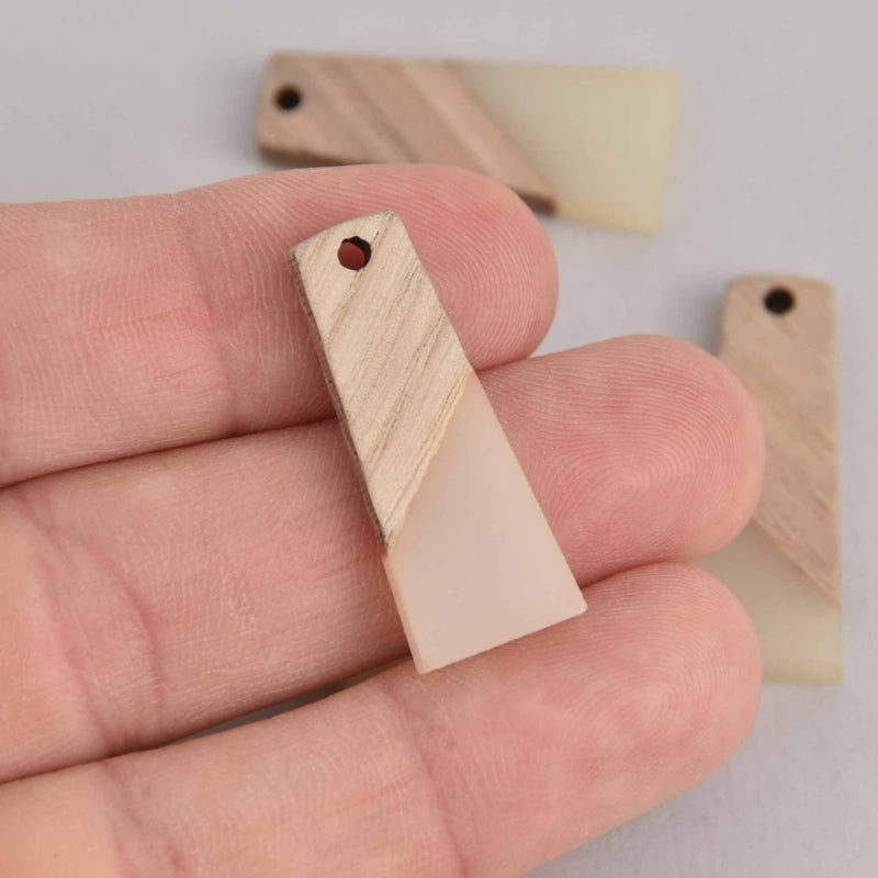 2 Colorblock Charms, White Resin and Real Wood Trapezoid, 30mm long, chs7291