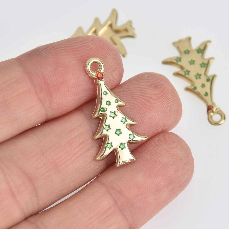 6 Christmas Tree Charms, gold plated with green enamel, 26mm, chs7302