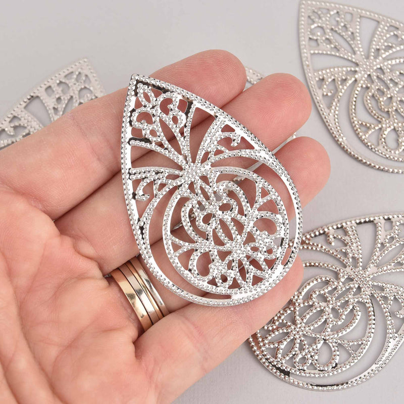 10 Filigree Teardrop Charms, Silver Plated, 2.5", chs7321