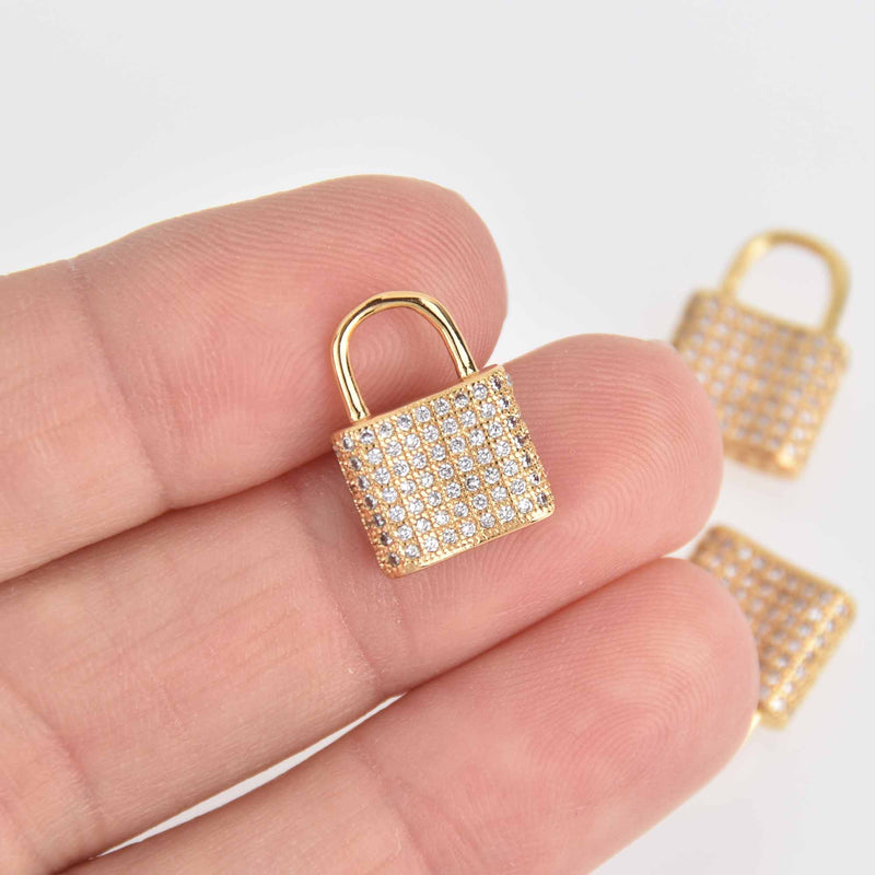 2 Gold Lock Charms, Micro Pave Gold Plated, 16mm, chs7324