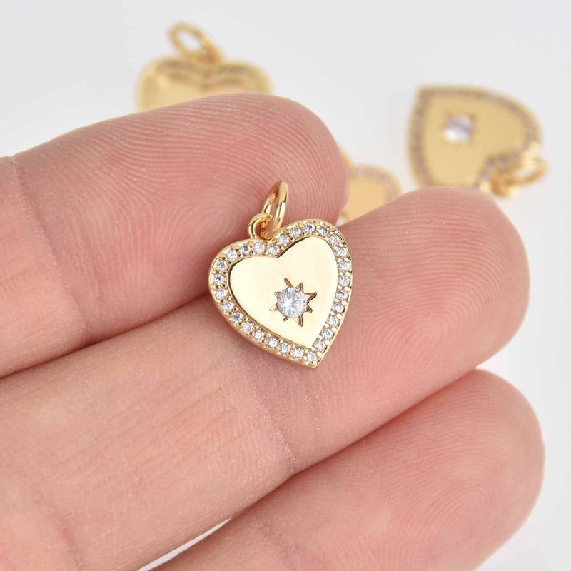2 Gold Heart Charms, Micro Pave Gold Plated, 12mm, chs7325