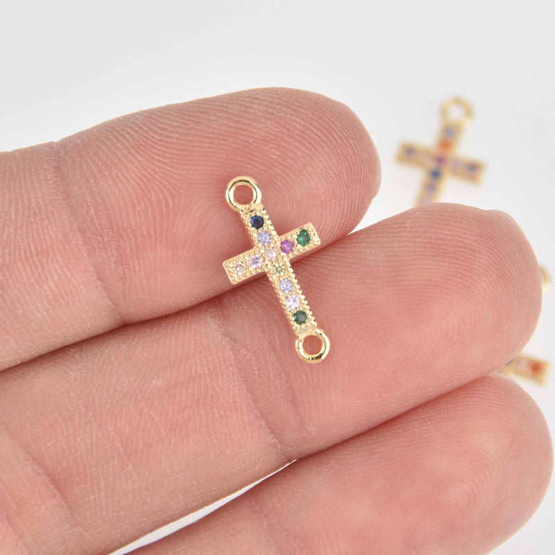 2 Gold Cross Charms, Multicolor Micro Pave Gold Plated, Connector Link, 18mm, chs7326