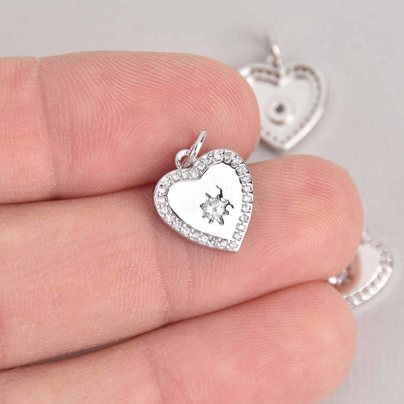 2 Silver Heart Charms, Micro Pave Silver Plated, 12mm, chs7329