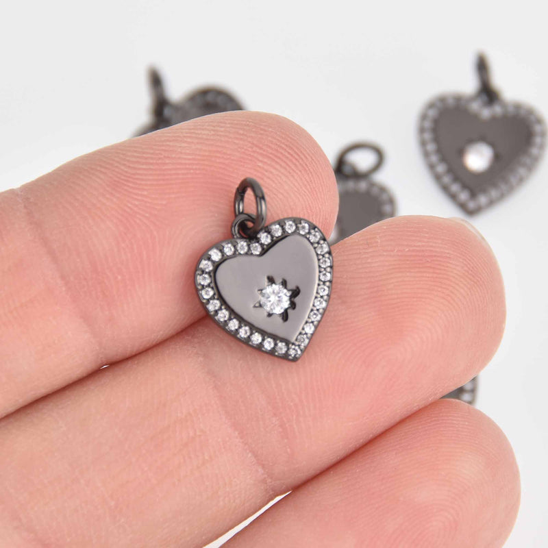 2 Black Heart Charms, Micro Pave Black Plated, 12mm, chs7330