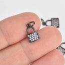 2 Black Lock Charms, Micro Pave Black Plated, 12mm, chs7331