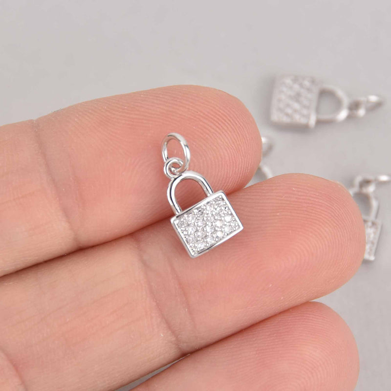 2 Silver Lock Charms, Micro Pave Silver Plated, 12mm, chs7332