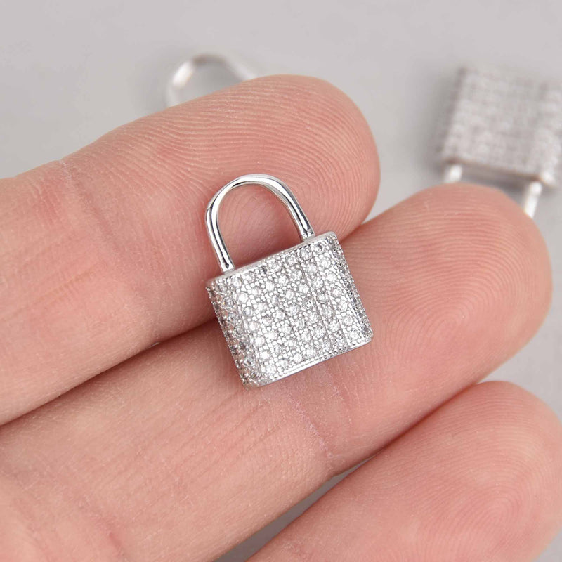 2 Silver Lock Charms, Micro Pave Gold Plated, 16mm, chs7333