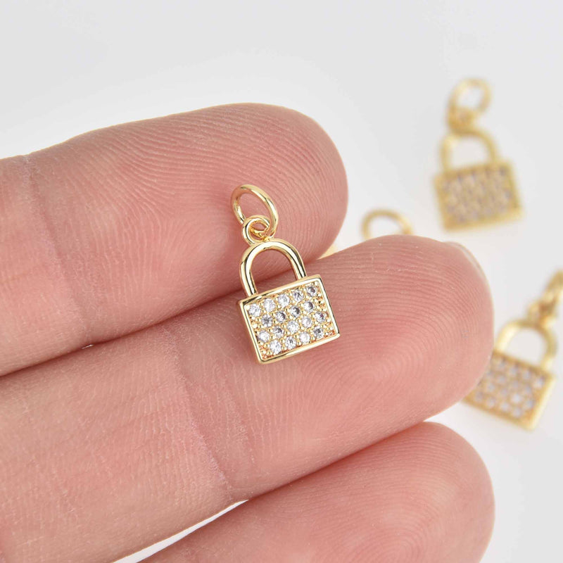 2 Gold Lock Charms, Micro Pave Gold Plated, 12mm, chs7334
