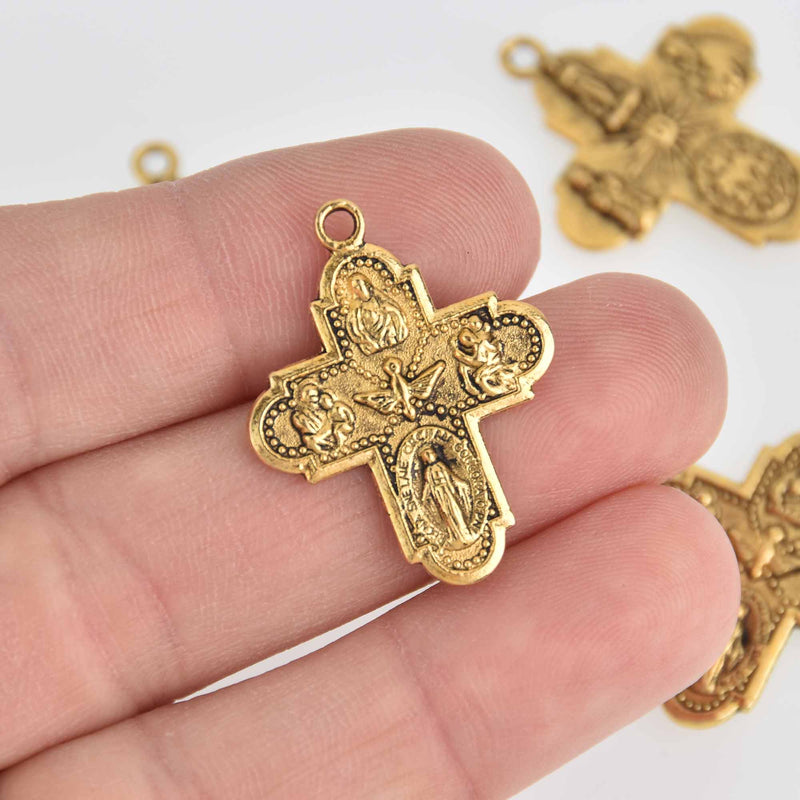 10 Gold Cross Charms, Relic Religious Medal, 30mm, chs7338
