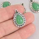 4 Green Teardrop Charms, Silver with Resin Stones, 23mm, chs7339