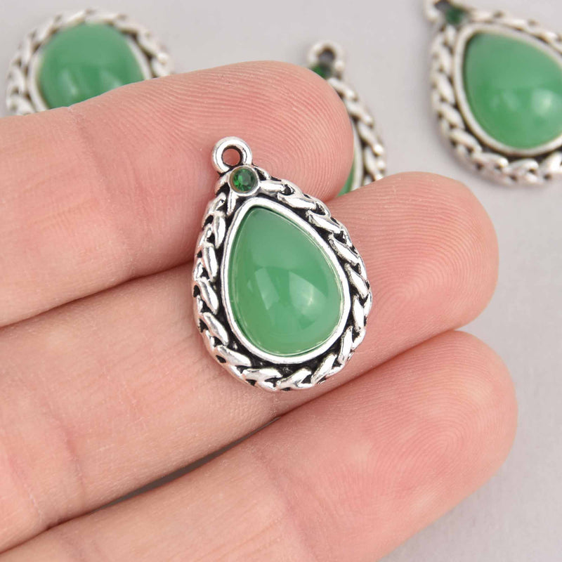 4 Green Teardrop Charms, Silver with Resin Stones, 23mm, chs7339