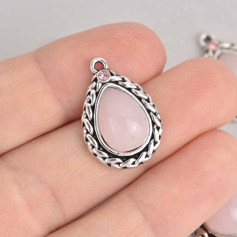 4 Pink Teardrop Charms, Silver with Resin Stones, 23mm, chs7340