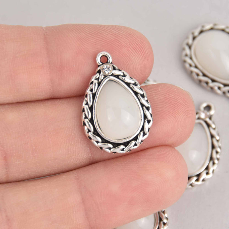 4 White Teardrop Charms, Silver with Resin Stones, 23mm, chs7341