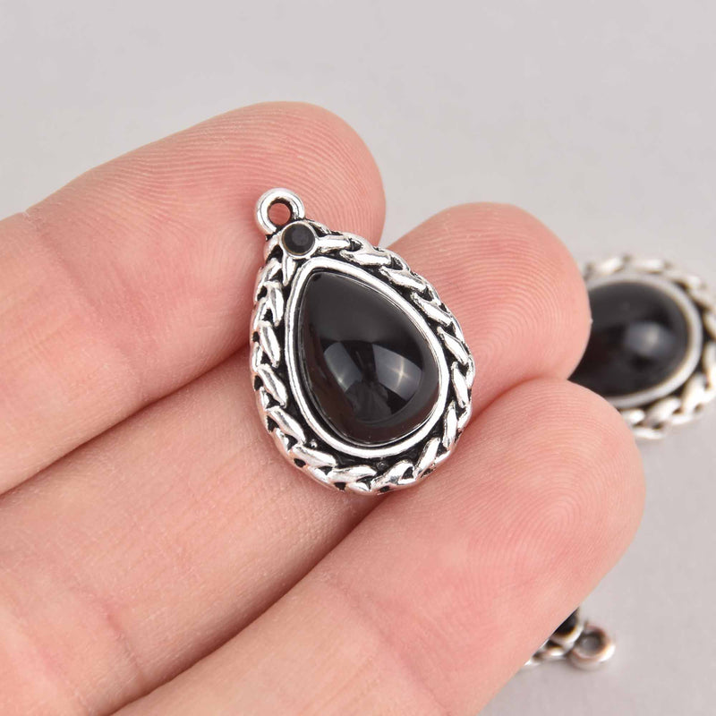 4 Black Teardrop Charms, Silver with Resin Stones, 23mm, chs7342