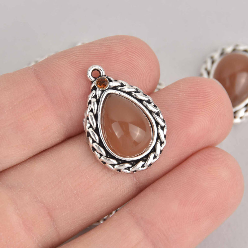 4 Brown Teardrop Charms, Silver with Resin Stones, 23mm, chs7343