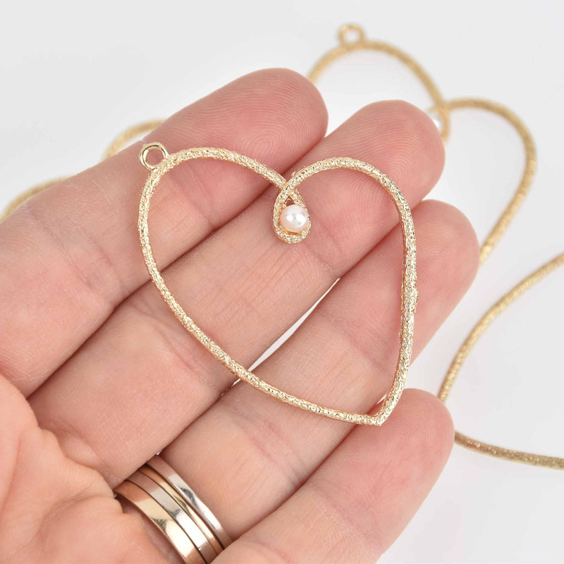 6 Gold Heart Charms, White Faux Pearl, 2" long, chs7351