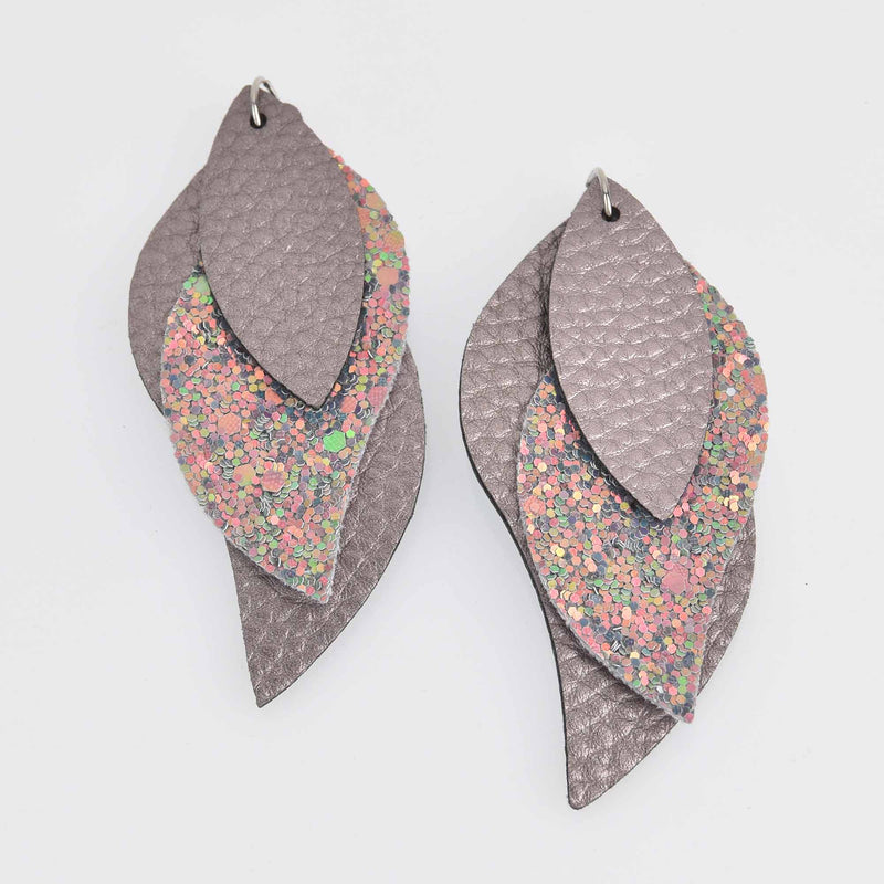 5 Faux Leather Teardrop Charms, Taupe Gray and Glitter, Vegan Leather, 3" long chs7352