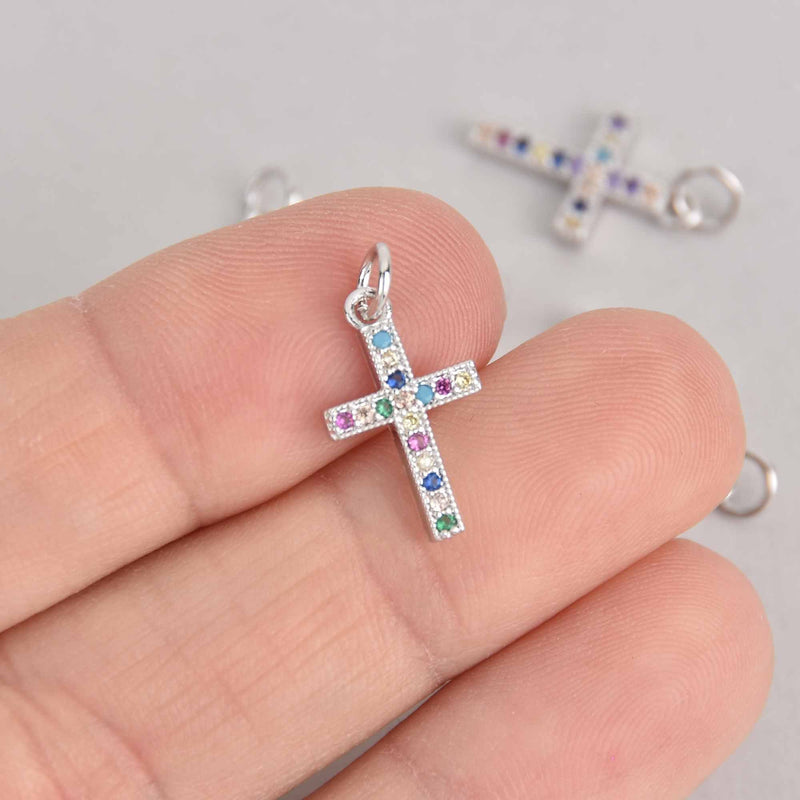 Silver Cross Charm, Rainbow Micro Pave Charm, 17mm, chs7354