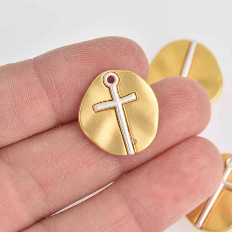 5 MATTE Gold Coin Relic Charms, Satin Coin with Silver Cross, round coin charms, 21x19mm, chs7360