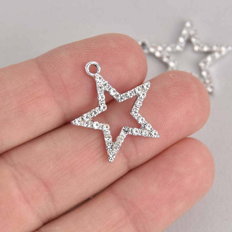 4 Silver RHINESTONE STAR Charms, silver plated, crystals, chs7364