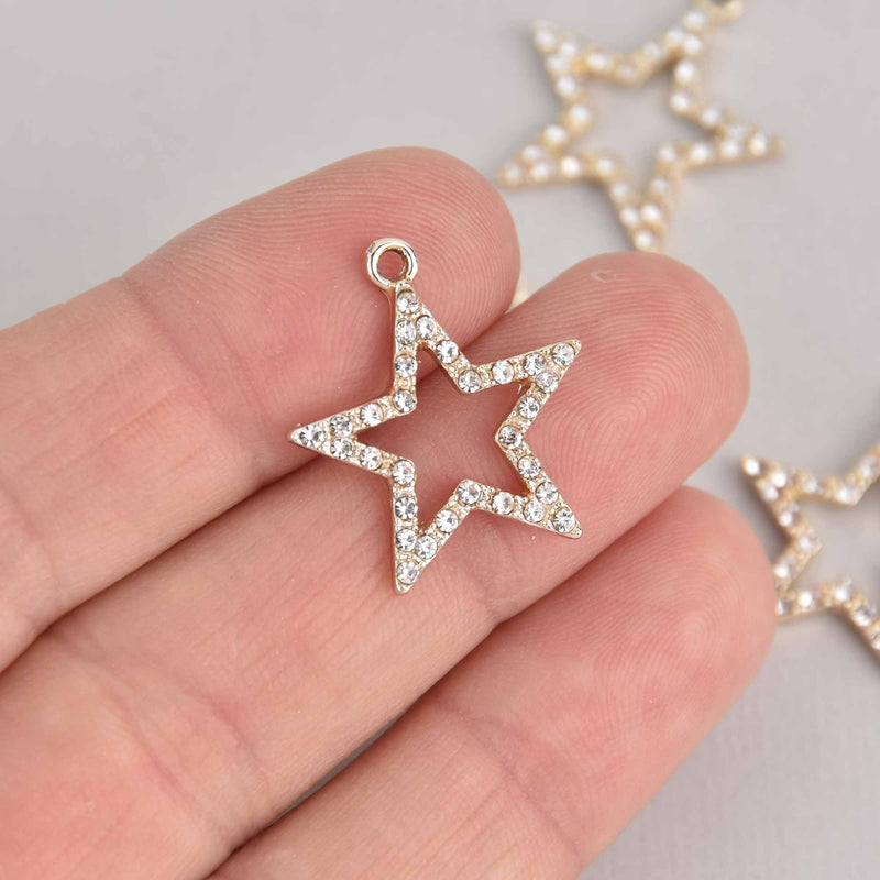 4 Gold RHINESTONE STAR Charms, gold plated, crystals, chs7365