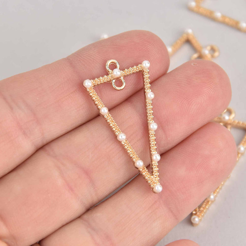 2 Gold Triangle Charms, Faux Pearls, 36mm, chs7366