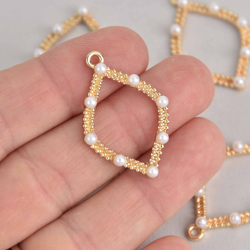 2 Gold Oval Charms, Faux Pearls, 33mm, chs7367