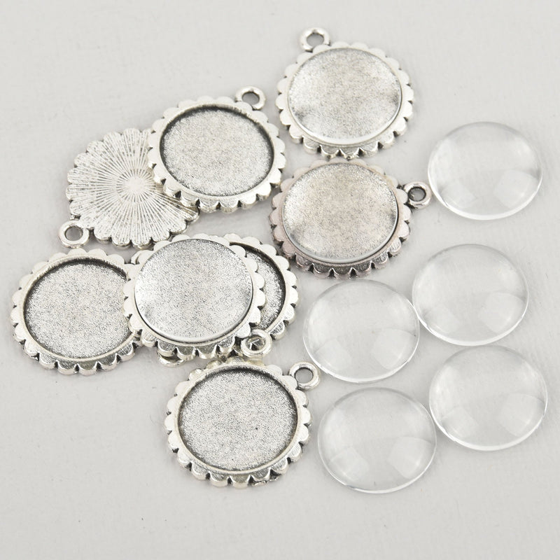 10 sets Silver Charms Glass Cabochon Kits, 14mm Bezel Tray chs7371