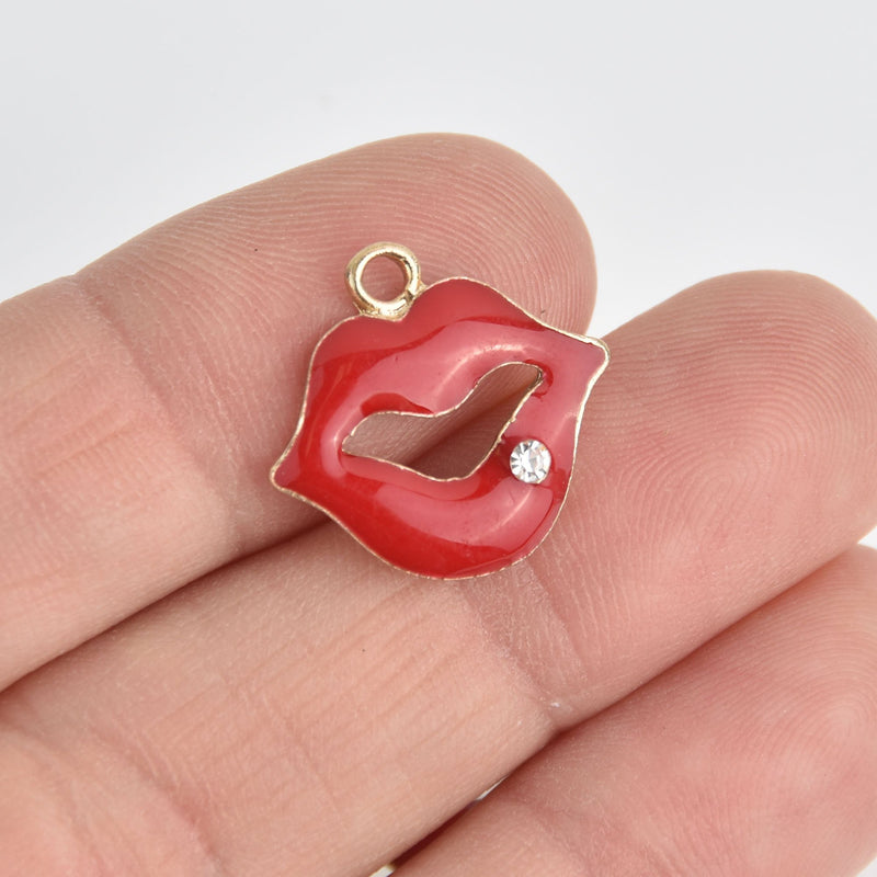 10 RED LIPS Charms, Gold Kiss Charms, Enamel Valentine's Day Charms, 20mm, chs7373