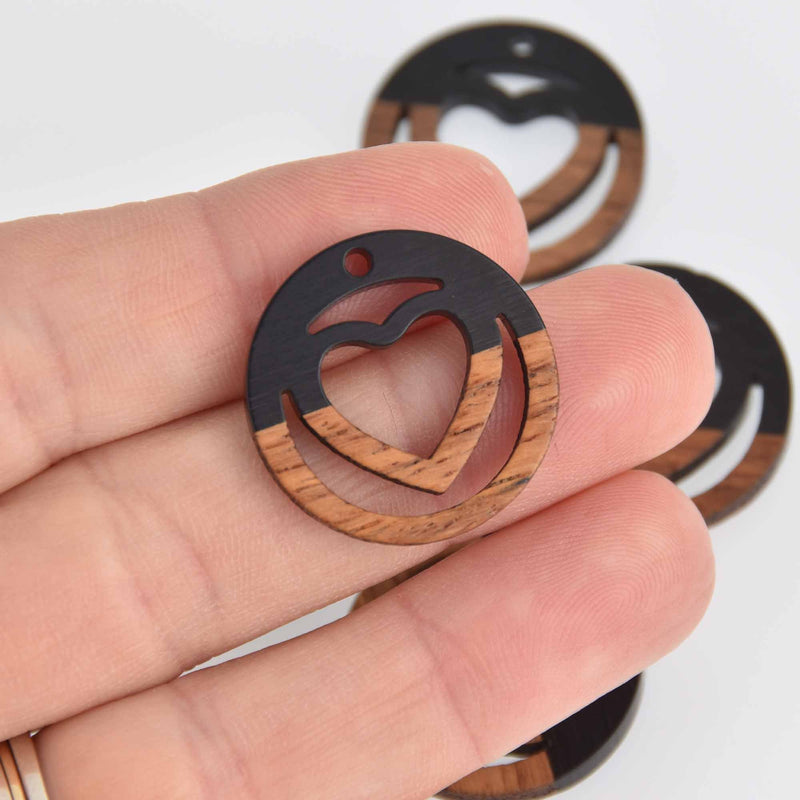 2 Heart Charms, Black Resin and Real Wood, 1", chs7375