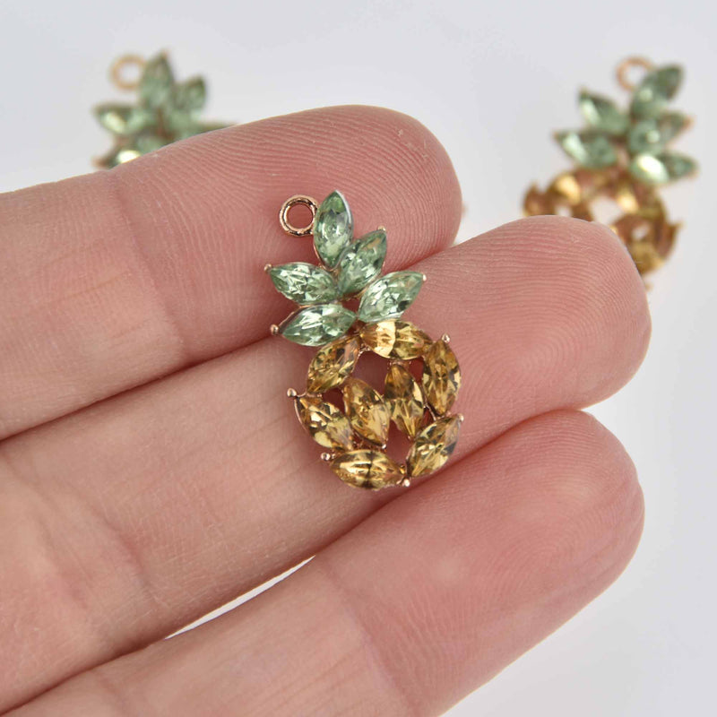 4 Crystal Pineapple Charms, Rhinestone with Gold Plating, 24mm, chs7376