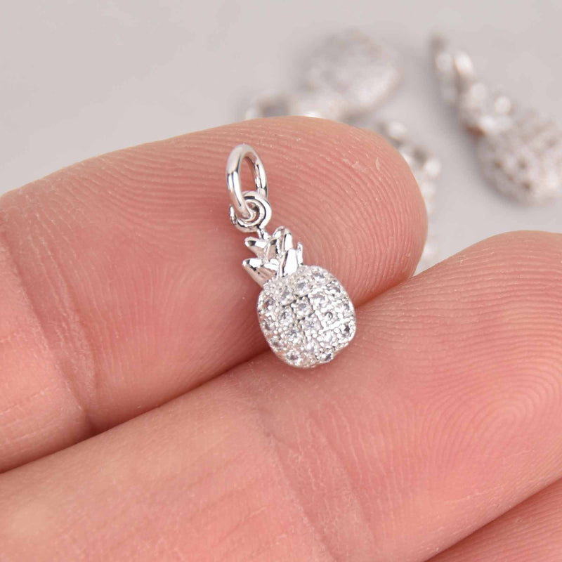 2 Silver PINEAPPLE Charms Micro Pave crystals CZ 12mm chs7385