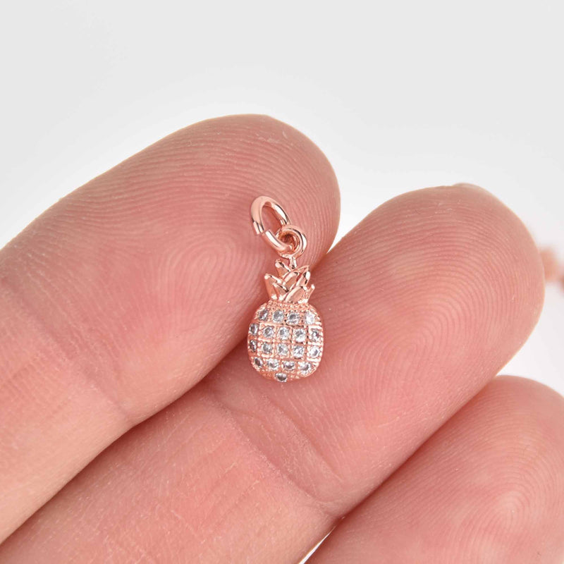 2 Rose Gold PINEAPPLE Charms Micro Pave crystals CZ 12mm chs7387