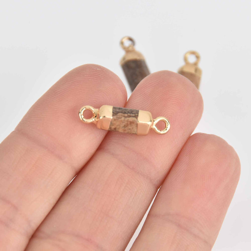 2 Picture Jasper Connector Charms, Hex Column with Gold Plating, 20x6mm, chs7391