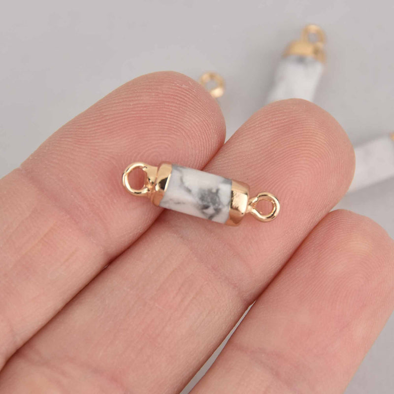 2 White Howlite Connector Charms, Hex Column with Gold Plating, 20x6mm, chs7393