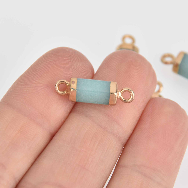 2 Blue Jade Connector Charms, Hex Column with Gold Plating, 20x6mm, chs7394