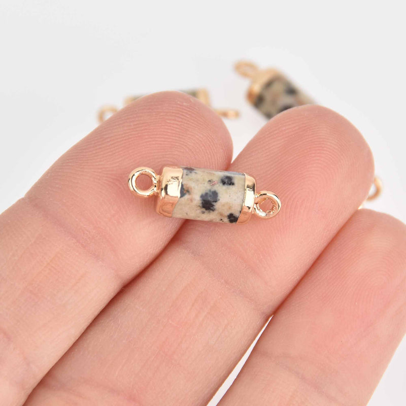 2 Dalmatian Jasper Connector Charms, Hex Column with Gold Plating, 20x6mm, chs7398