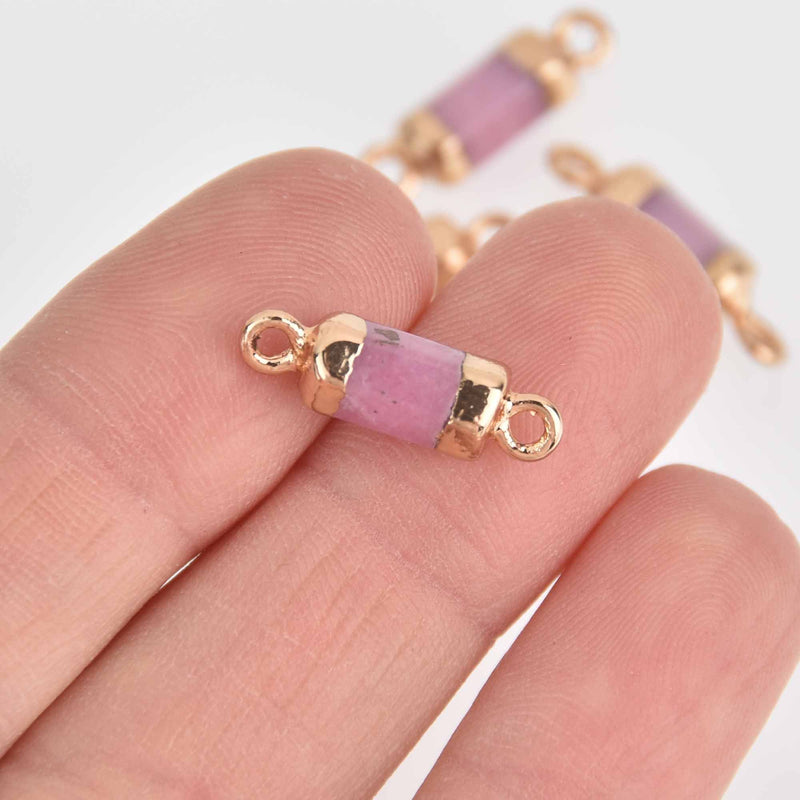 2 Pink Jade Connector Charms, Hex Column with Gold Plating, 20x6mm, chs7399