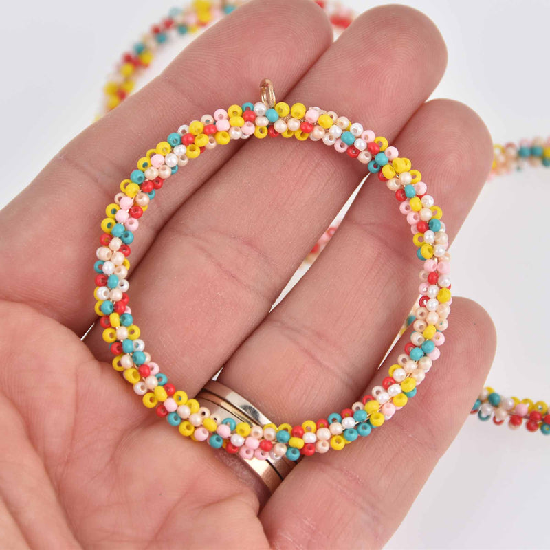 2 Rainbow Seed Bead Hoop Charms, Gold Wire, 56mm, chs7400
