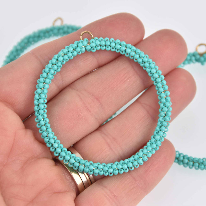 2 Turquoise Blue Seed Bead Hoop Charms, Gold Wire, 56mm, chs7401