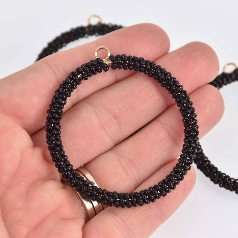 2 Black Seed Bead Hoop Charms, Gold Wire, 56mm, chs7403
