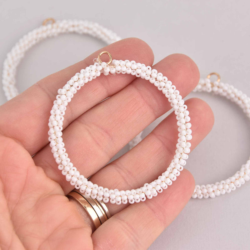 2 White Seed Bead Hoop Charms, Gold Wire, 56mm, chs7404