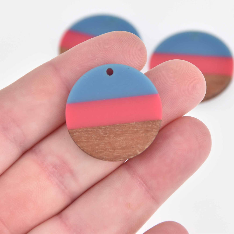 1 Resin and Wood Charm, Pink and Blue, Round Disc, 28mm, chs7405