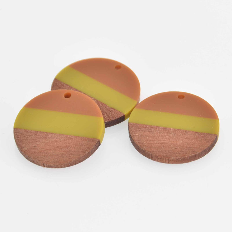 1 Resin and Wood Charm, Lime Green and Caramel, Round Disc, 28mm, chs7406