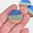1 Resin and Wood Charm, Shades of Blue, Round Disc, 28mm, chs7407
