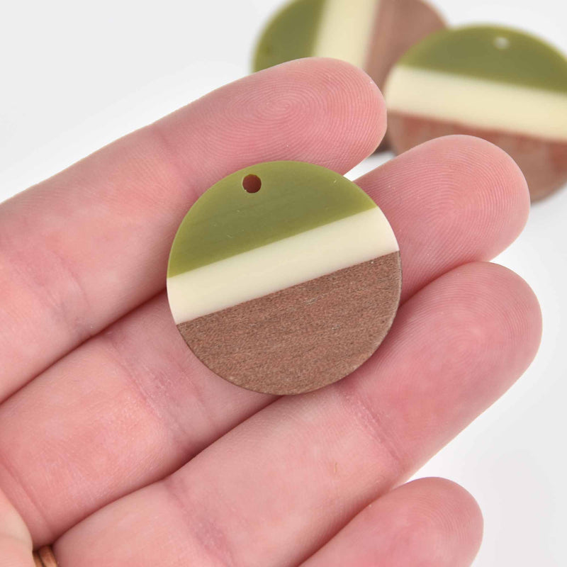 1 Resin and Wood Charm, Olive Green and White, Round Disc, 28mm, chs7408